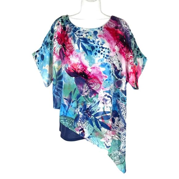 Chicos Size 1 Scarf Top M Colorful Watercolor Kimono Blue Pink White Semi Sheer - Picture 2 of 9